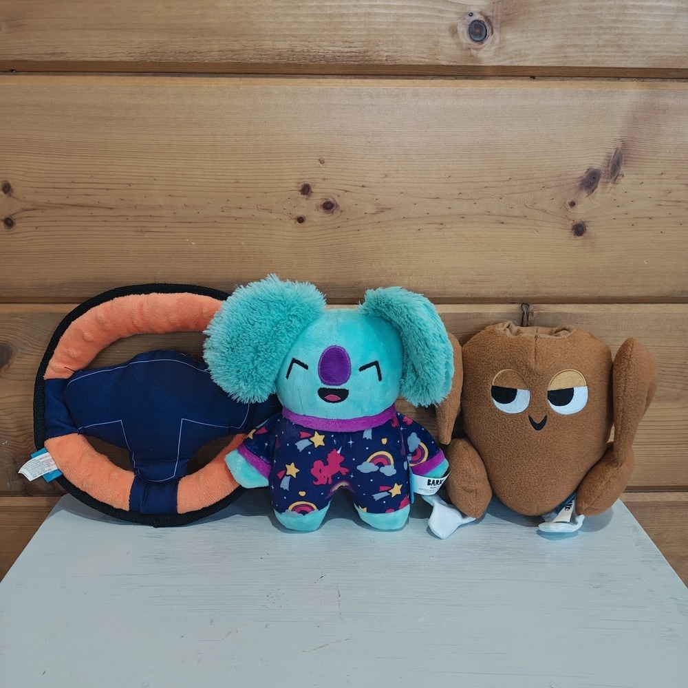 Lot of 3 Bark.co Bark Dog toy Plushes Koala Turkey Steering Squeak Crinkle E22